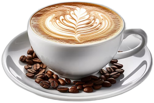 Latte art in a white cup with coffee beans
